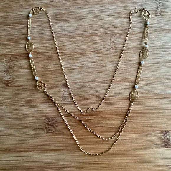 Avon Vintage Gold Tone Long Layered chain Pearl Initial Touch Necklace “L” Gift - Picture 10 of 10